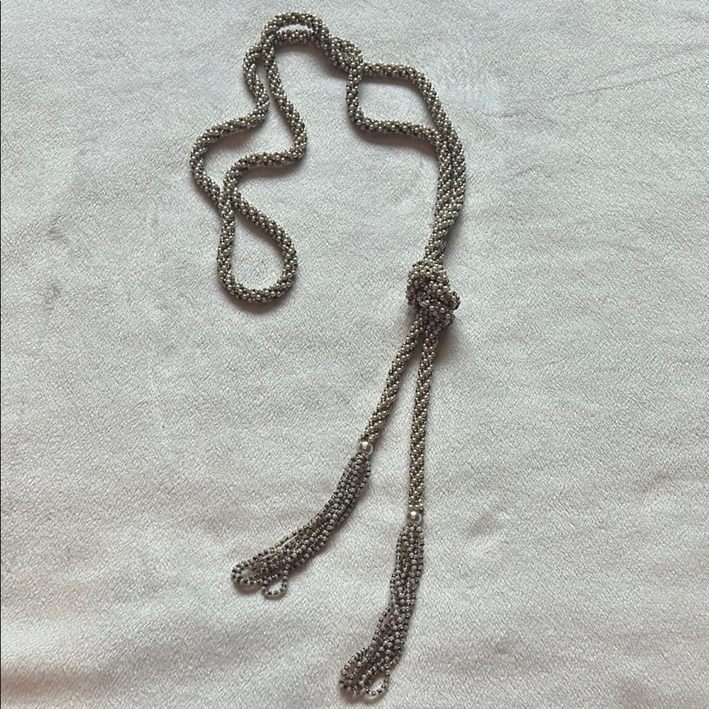 Elegant Faux Pearl Silver Beaded Lariat evening Necklace 27” extra long o/s